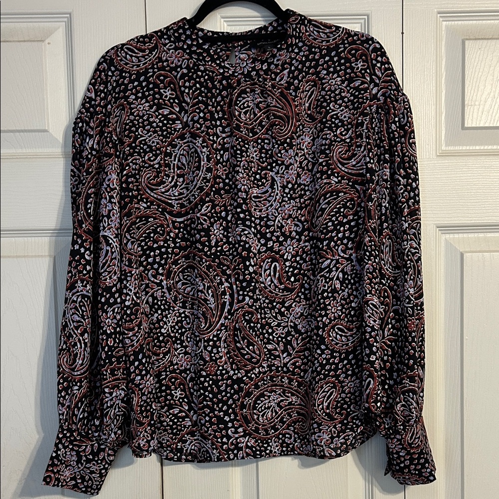 BANANA REPUBLIC Size Large Black Brown Purple Paisley High Neck Blouse Office